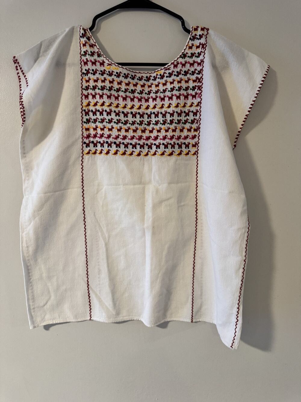 Hand Embroidered Mexican Huipil Blouse Birds Animals White Cotton Womens